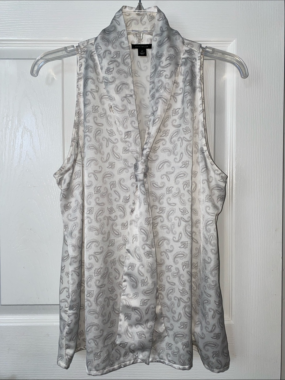 Ann Taylor Sleeveless Paisley Satin Tie-Neck Camisole - White & Gray - Picture 2 of 7